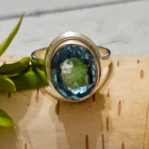 Eye Clean Faceted Blue Topaz Ring Handmade, Sterling Silver Ring Size 7.75, FW