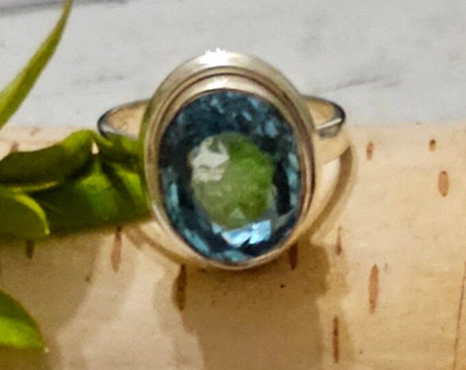 Eye Clean Faceted Blue Topaz Ring Handmade, Sterling Silver Ring Size 7.75, FW