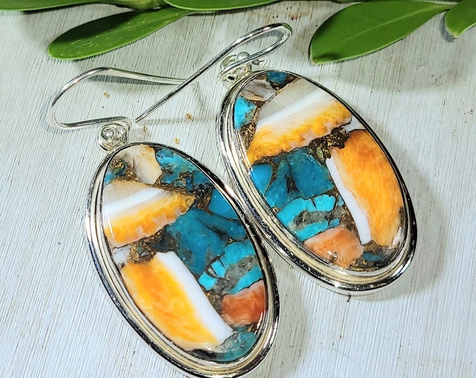 Natural Top Quality Spiny Oyster Turquoise .925 Sterling Silver Earrings 12 Grams 1 3/4" x 3/4" EN32