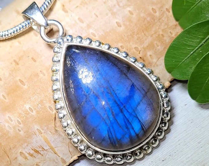 Natural Premium Grade Blue Fire Labradorite .925 Sterling Silver Pendant 1 5/8" x 7/8" 10 Grams EJ12