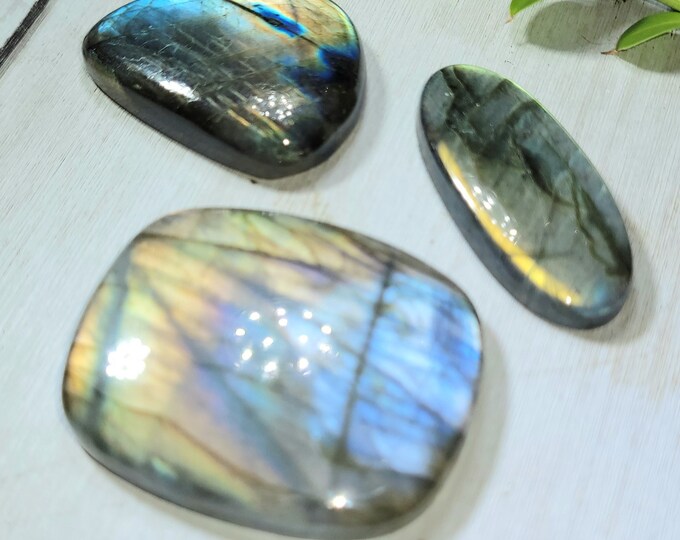 Natural Multi-Flash Labradorite Mixed Cabochons 160ct 3 Stone Lot Wire Wrapping, Weaving, Pendant or Collector LE20