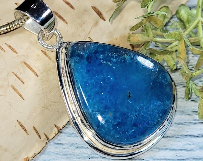 Blue Apatite Sterling Silver Pendant - Handmade .925 Silver - Pear Cut