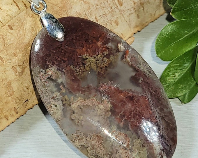 Natural Exquisite Plume Red Moss Agate Cabochon .925 Sterling Silver Pendant 1 7/8" x 1" AT24 Sterling Silver Bail