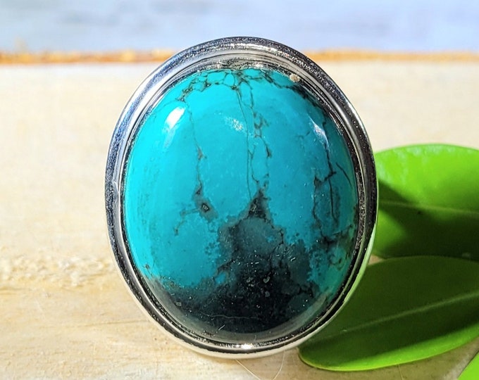 Turquoise Ring, Tibetan Turquoise Ring, Turquoise Sterling Silver Size 7.5, Gift for Her, Boho Ring, Statement Ring, Handmade Ring,