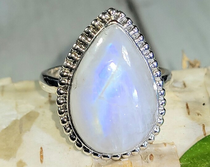 Natural Premium Blue Flash Moonstone .925 Sterling Silver Ring Size 8 6 Grams 7/8" x 5/8" EX16
