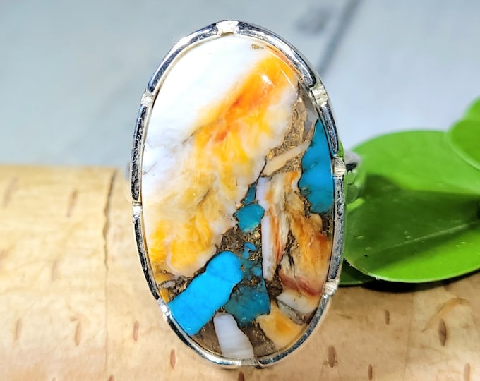 Spiny Oyster Turquoise Ring with Copper, Spiny Oyster Turquoise .925 Sterling Silver Ring, Size 7 3/4 Spiny Oyster Turquoise Ring.