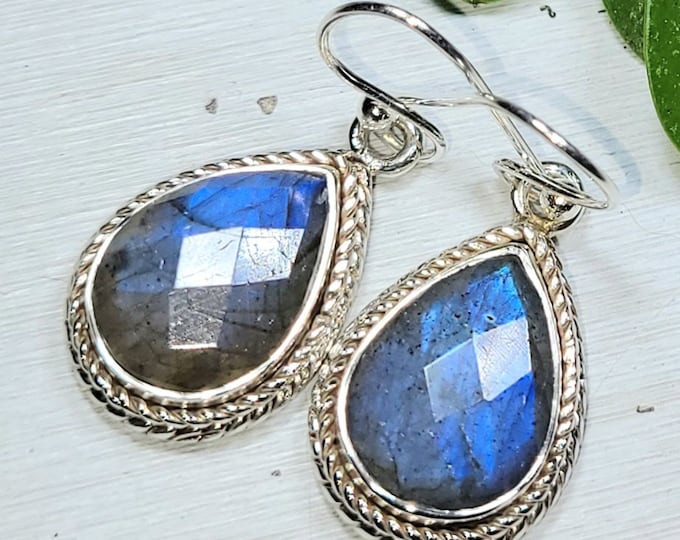 Natural Blue Flash Rose Cut Pear Labradorite Handmade .925 Sterling Silver Earrings 7 Grams 1 5/16" x 9/16" AS05