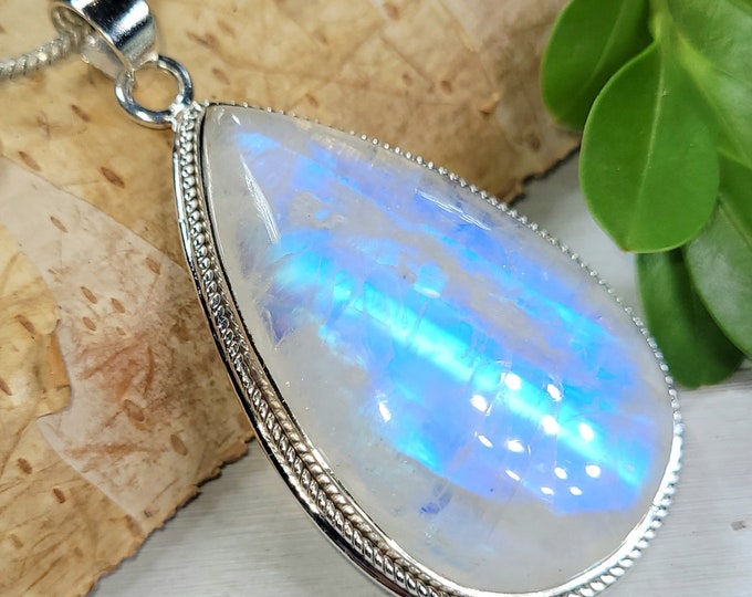 Natural AAA Multi Blue Flash Rainbow Moonstone Handmade Pear .925 Sterling Silver Pendant 2 1/8" x 1" 18 Grams CT13