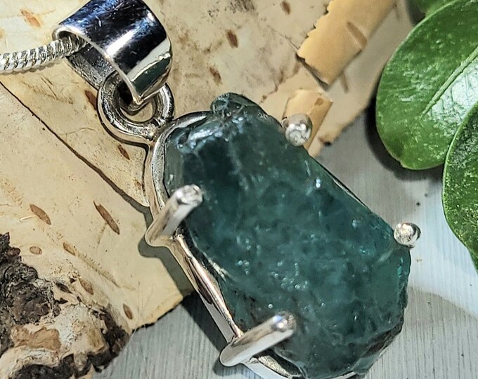 Natural Raw Apatite Rough Cut Handcrafted .925 Sterling Silver Pendant 1 1/8" X  1/2" AN08 5 Grams