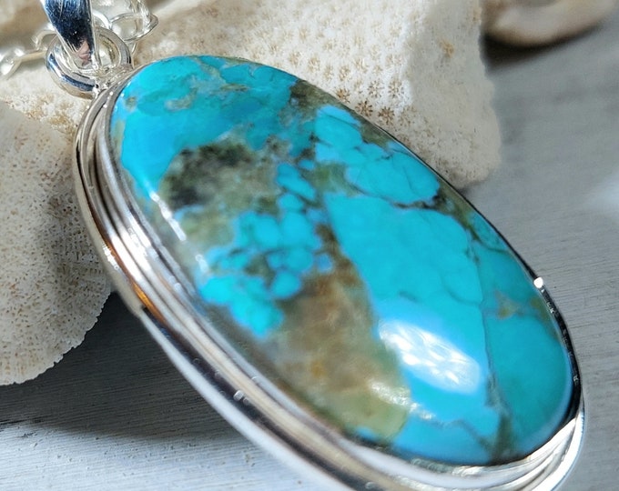 Turquoise Pendant, Sterling Silver Turquoise Pendant, Oval Kingman Arizona Turquoise Boho Pendant, Statement Pendant GH14