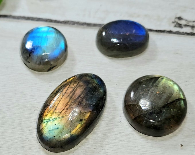 Natural Blue & Multi-Flash Labradorite Mixed Cabochons 70ct 4 Stone Lot Wire Wrapping, Weaving, Pendant or Ring AS12