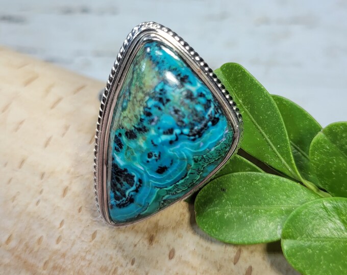 Natural Choice Quality Chrysocolla Malachite Handmade Freeform .925 Sterling Silver Ring Size 8.5 Genuine Stone Great Gift for Her