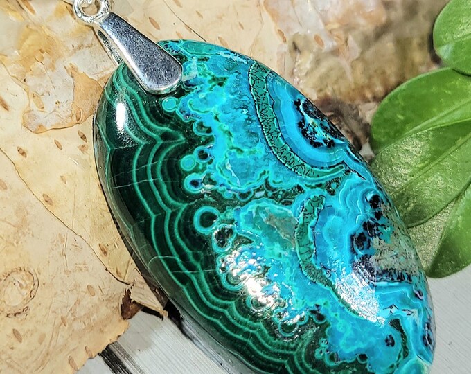 Natural AAA Grade Chrysocolla Malachite Cabochon .925 Sterling Silver Pendant 2 1/8" x 7/8" 13 Grams EY02 Sterling Silver Heavy Duty Bail