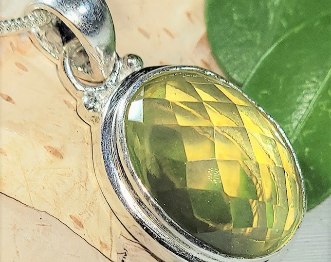 Natural Checkerboard Cut Citrine  .925 Sterling Silver Pendant measures 1 1/8" x 5/8" 5 Grams Eye Clean L08