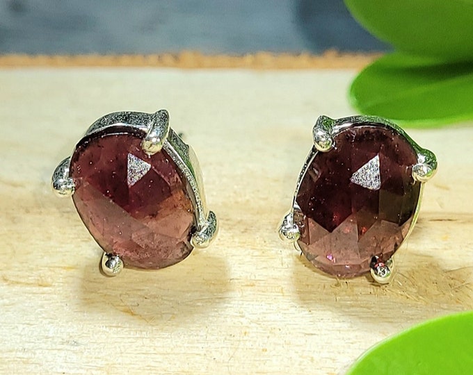 Natural High Grade Rhodolite Garnet .925 Sterling Silver Stud Earrings 3/8" x 5/16" Eye-Clean Clarity EL19 Checkerboard Cut