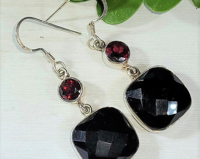 Natural Checkerboard Cut Black Onyx & Garnet .925 Sterling Silver Earrings 8 Grams 1 13/16" x 5/8" H16