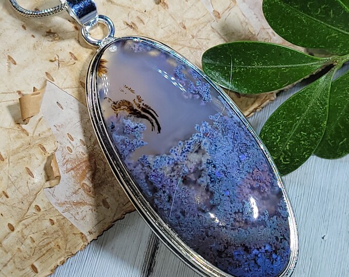 Natural High Grade Rare Purple Moss Agate Oval Handmade .925 Sterling Silver Pendant 2 3/8" x 7/8" 13 Grams CS06 Gift for Her