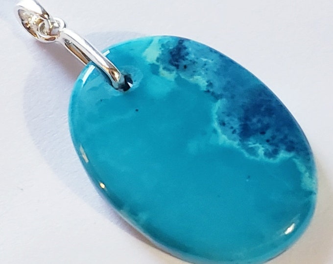 Natural AA Turquoise Color Chrysocolla Oval Cabochon .925 Sterling Silver Pendant 1 13/16" x 7/8" EA25 Heavy Duty Bail
