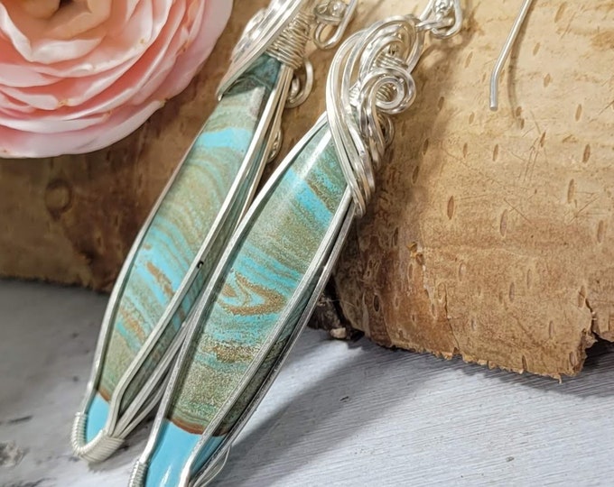 Natural Indo Jasper Oval Wire Wrapped .925 Silver Earrings, Sterling Silver Wire Wrapped Earrings, Handmade Stone Jewelry DT12