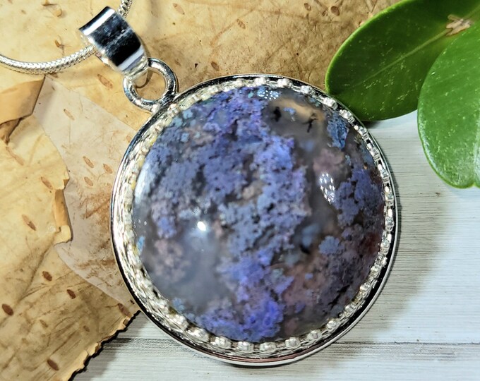 Natural High Grade Rare Purple Moss Agate Round Handmade .925 Sterling Silver Crown Prong Setting Pendant 1 5/8" x 1 1/8" 10 Grams CS40