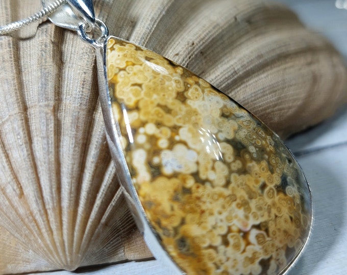 Natural Premium Grade Ocean Jasper Handmade Pear-Shaped Pendant .925 Sterling Silver Setting Pendant GM27