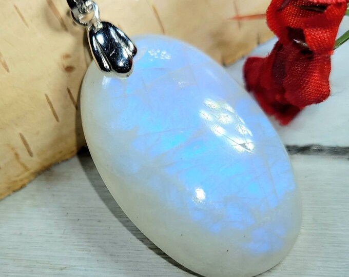 Moonstone Pendant, Moonstone Oval Cabochon Sterling Silver Pendant, Blue Flash, Gift for Her, Handmade DG42 Statement Pendant, AAA Grade