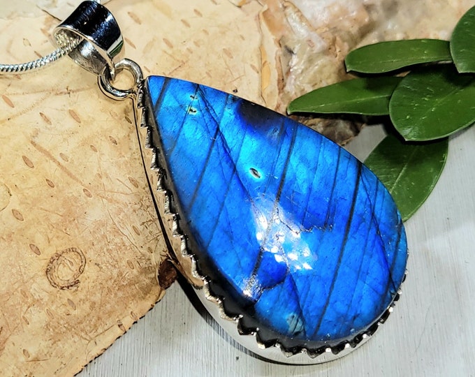 Natural Premium Grade Blue Labradorite Pear Handmade .925 Sterling Silver Pendant 2" x 1" 14 Grams CA29