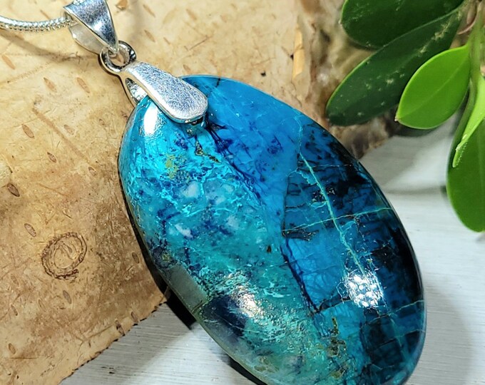 Natural AAA Chrysocolla w/Azurite Oval Cabochon .925 Sterling Silver Pendant  2" x 7/8" CE01  Heavy Duty Sterling Silver Bail