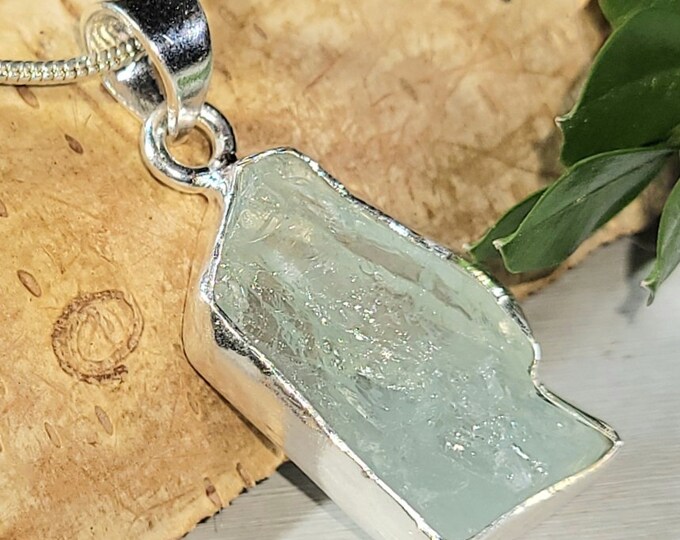 Natural Genuine Raw Aquamarine Rough Cut Handcrafted  .925 Sterling Silver Pendant Gift for Her Natural Genuine Aquamarine Stone CH36