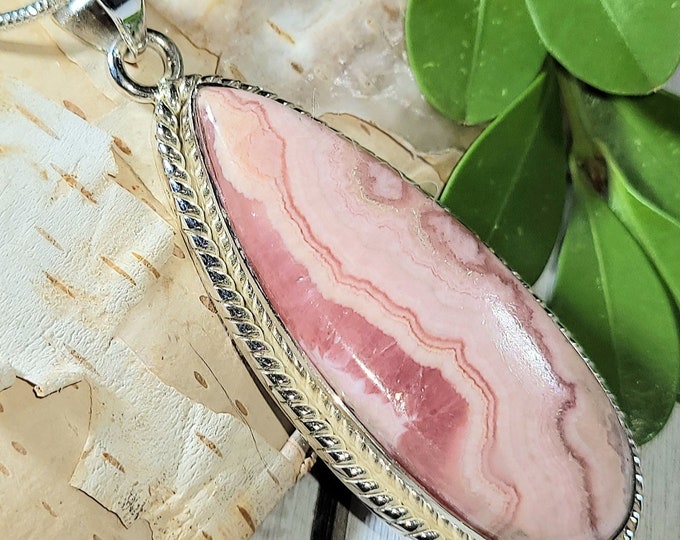 Natural High Grade Argentine Rhodochrosite Handmade .925 Sterling Silver Pendant 2 1/4" x 13/16" 15 Grams EN29