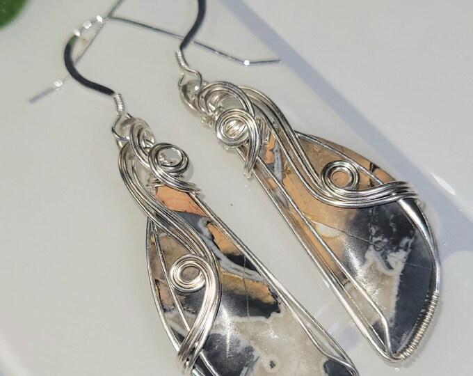 Natural Premium Grade Bumblebee Jasper Freeform Handmade Wire Wrapped .925 Sterling Silver Earrings, Gift for Her, GD02, Hand Wire Wrapped