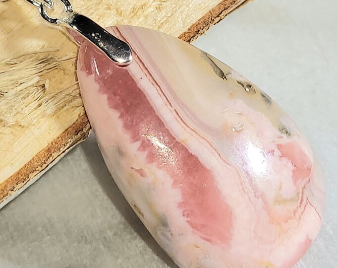 Natural Best Grade Rhodochrosite Oval Cabochon .925 Sterling Silver Pendant 1 5/8" x 3/4" EE28 Custom Fit Sterling Silver Bail