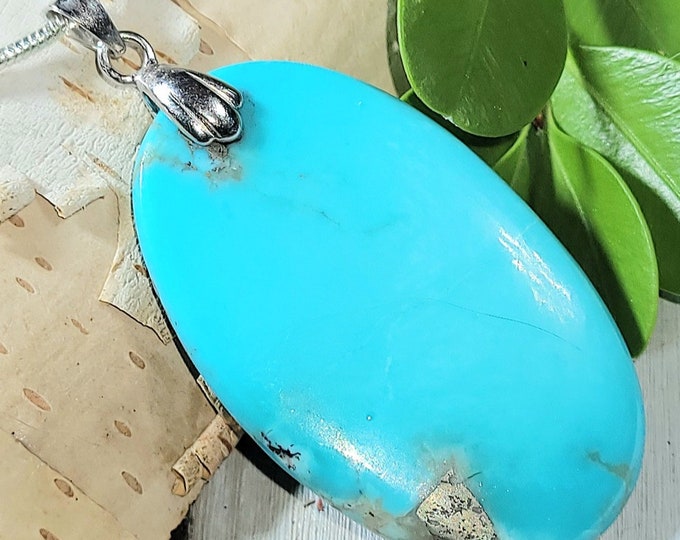 Natural High Grade Arizona Kingman Turquoise Cabochon Sterling Silver Pendant Custom Bail 1 7/8" x 7/8" EM34