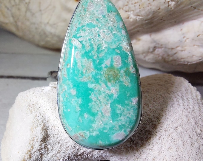 Natural Premium Variscite Sterling Silver Ring, Variscite Pear Ring Size 8, Statement Ring, Boho Ring, GN