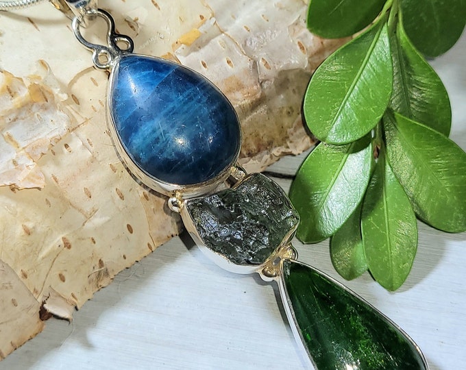Natural Apatite, Chrome Diopside & Rough Moldavite .925 Sterling Silver Pendant 11 Grams 2 7/8" x 5/8" X23
