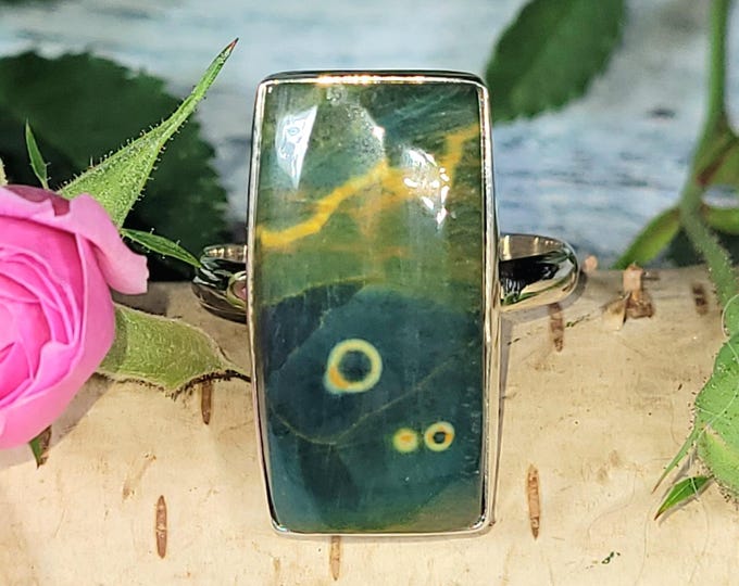 Ocean Jasper Ring; Rectangle Ocean Jasper Sterling Silver Ring, Size 10, JT