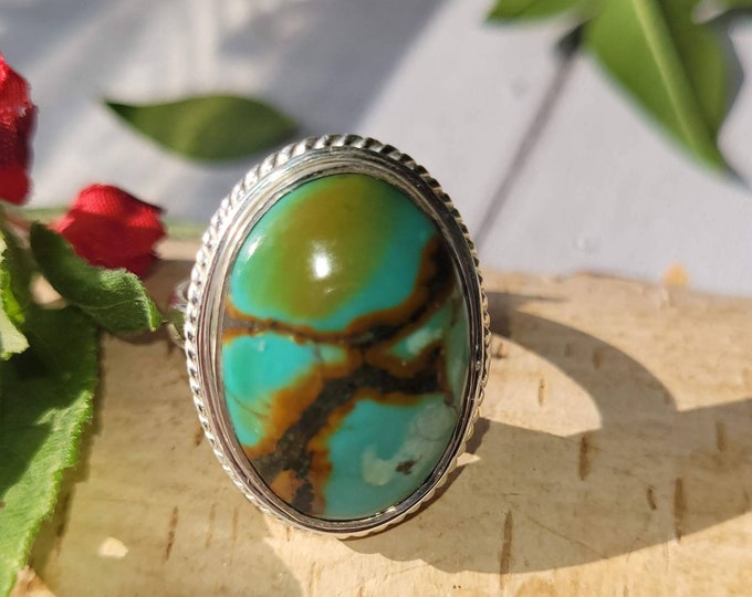 Natural Tibetan Turquoise Sterling Silver Ring, Turquoise Boho Ring, Statement Ring; Handmade Ring, Premium Tibet Turquoise Ring Size 8 CX