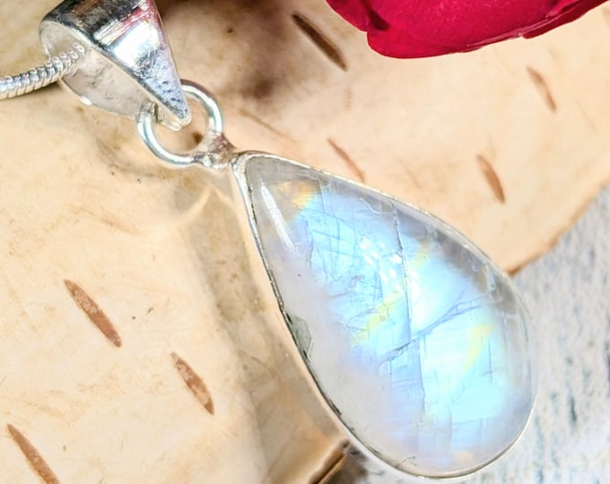 Rainbow Moonstone Sterling Silver Pendant: Handmade Pear Multi-Flash Moonstone Pendant; KA14