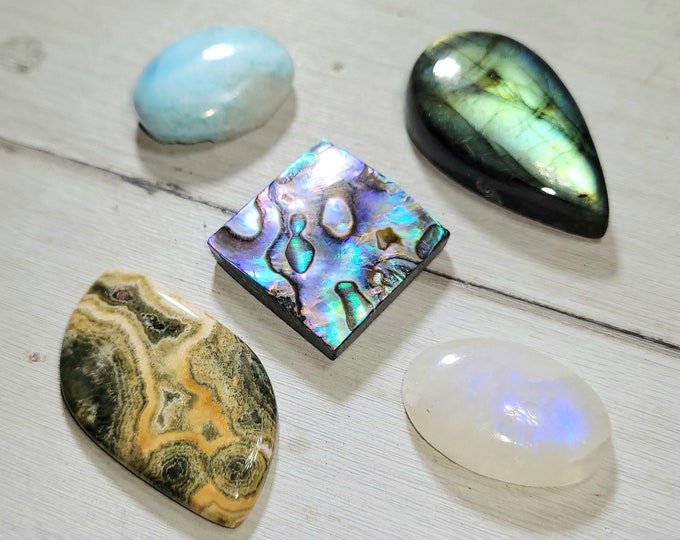 Natural Labradorite, Abalone, Moonstone, Ocean Jasper & Larimar 130ct Cabochons Mixed Lot 5 Stone Wire Wrap, Weaving ML04