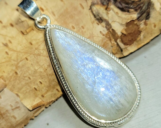 Natural High Grade Blue Flash Rainbow Moonstone Pear Handmade .925 Sterling Silver Pendant 1 7/8" x 13/16" 9 Grams DC31