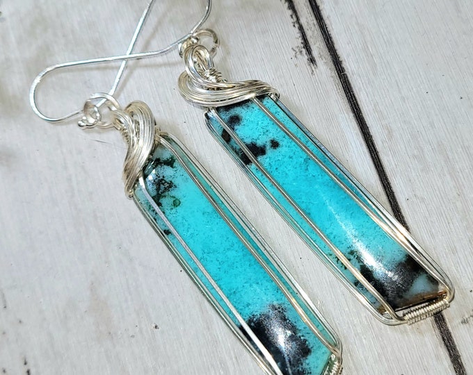 Blue Opalized Earrings, Petrified Wood Earrings, Blue Opalized Sterling Silver Wire Wrapped Earrings , Handmade Earrings GS29, Gift for Her