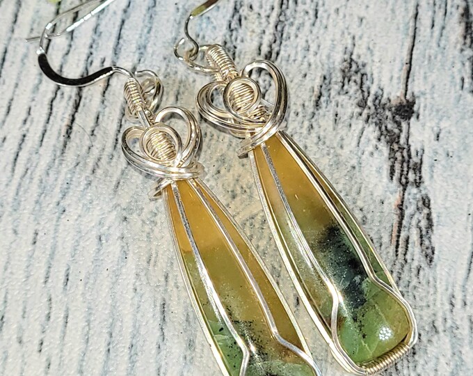 Moss Agate Earrings, Moss Agate Wire Wrapped Earrings, Sterling Silver Wire Wrapped Earrings, Green Moss Agate Wire Wrap Earrings JF16