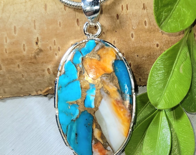 Spiny Oyster Turquoise Pendant, Spiny Oyster Turquoise w/copper, Sterling Silver Pendant, Spiny turquoise pendant, Handmade Pendant FP11