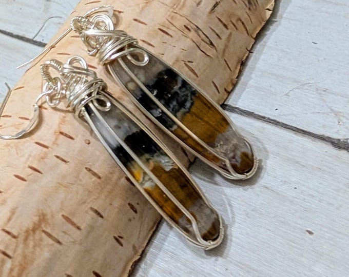 Multi Color Opalized Earrings, Opalized Sterling Silver Wire Wrapped Earrings, Petrified Wood Earrings, Handmade Earrings, Gift for Her HS06