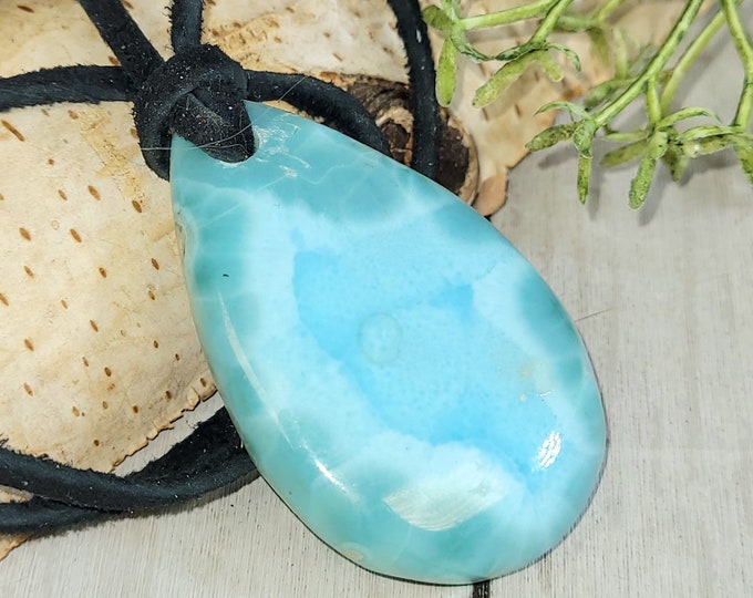 Larimar Necklace, Larimar Leather Necklace. Premium Larimar Leather Wrapped Necklace. Statement Necklace, Gift for Her or Him, HG22