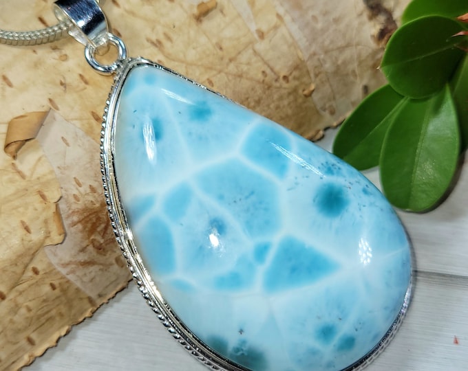 Natural Premium Huge Larimar Handmade Pear .925 Sterling Silver Pendant 2 3/8" x 1 1/4" 27 grams CT03 Genuine Larimar Gift for Her