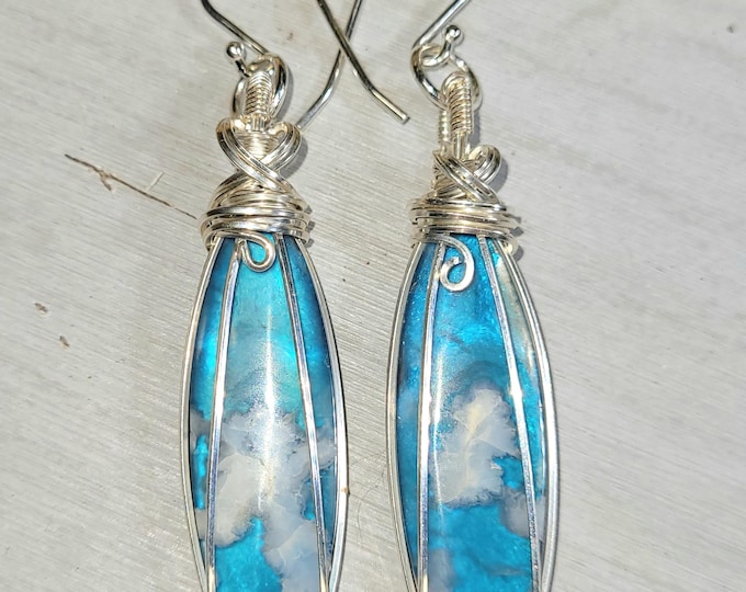 White Plume Agate Earrings, White Plume Doublet Agate Wire Wrapped,Sterling Silver Wire Wrapped Earrings, Blue and White Agate Earrings HM36