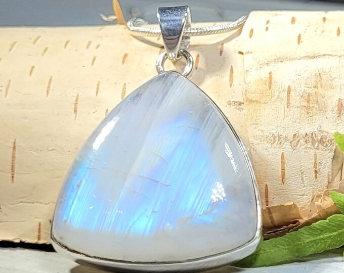Natural AAA Grade Blue Flash Rainbow Moonstone .925 Sterling Silver Pendant Measures 1 5/8" x 1 1/8" Weighs 13 Grams AG61