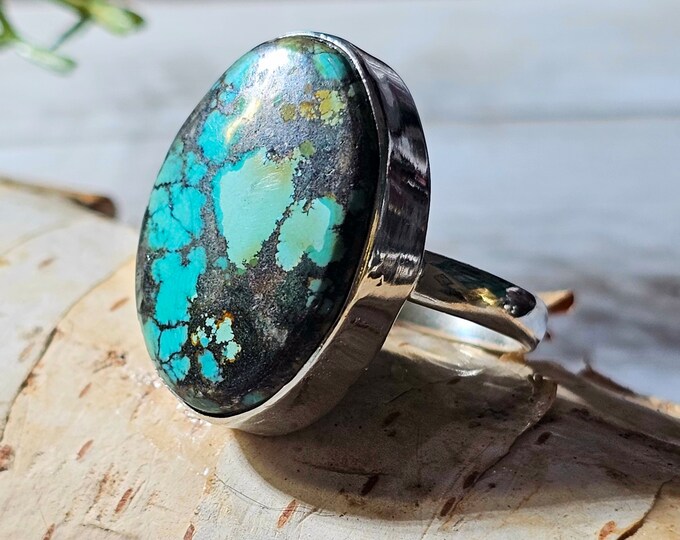 Tibetan Turquoise Sterling Silver Ring, Turquoise Boho Ring, Statement Ring; Handmade Ring, Premium Tibet Turquoise,Quality Ring Size 9 GK