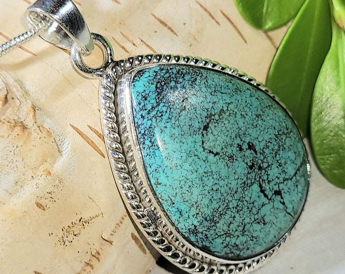 Natural Best Grade Tibet Turquoise .925 Sterling Silver Pendant 9 grams 1 5/8" x 1" EJ20 Greenish Blue